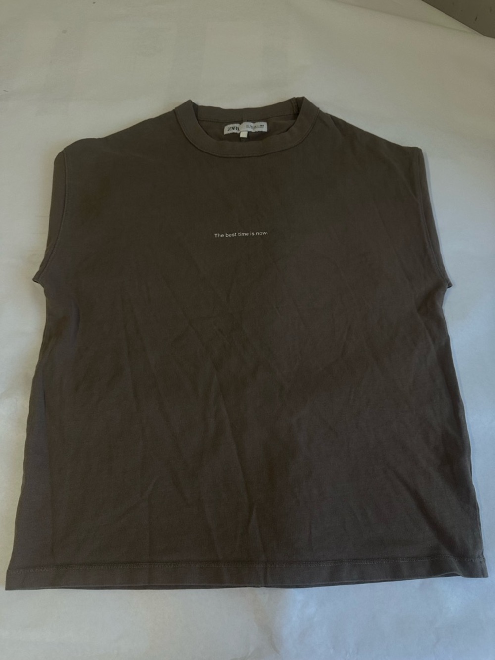 ZARA Brown Short Sleeve Crew Neck T-Shirt Size 13-14 'The Best Time Is Now'